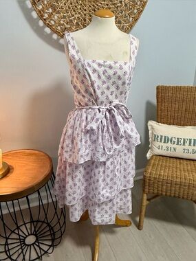 J. Crew White Midi Dress with Lavender Floral Print and Tie Waist
